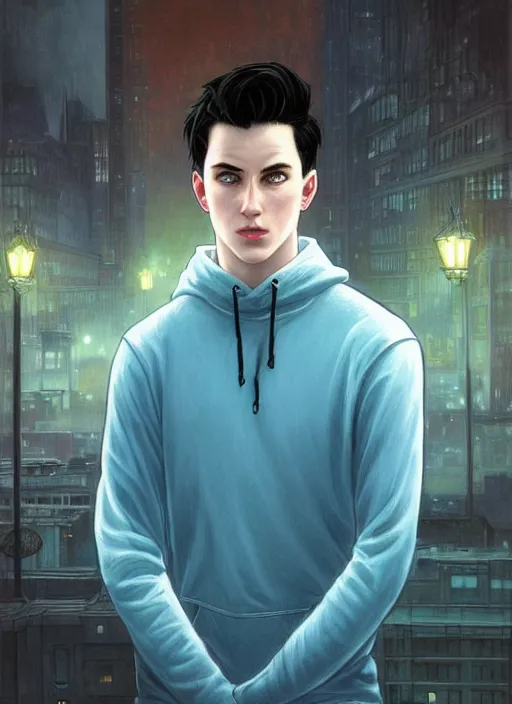 Image similar to handsome young man with short black hair, glowing light blue eyes, pale skin, wearing jeans and a black hoodie, detailed night time cityscape background, realistic painting by ross tran and gerald brom and alphonse mucha, ilya kuvshinov, svetlana tigai, artgerm, trending on artstation