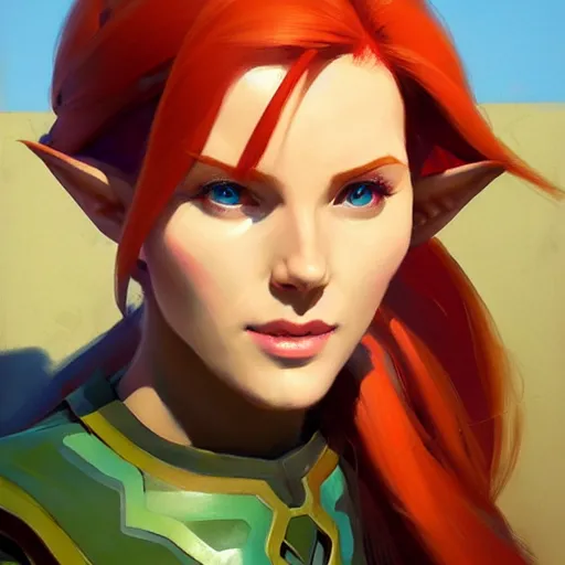 Image similar to portrait of a female Link from Triss Merigold medium shot, asymmetrical, profile picture, Organic Painting, sunny day, Matte Painting, bold shapes, hard edges, street art, trending on artstation, by Greg Manchess and Huang Guangjian and Loish and Gil Elvgren and Sachin Teng