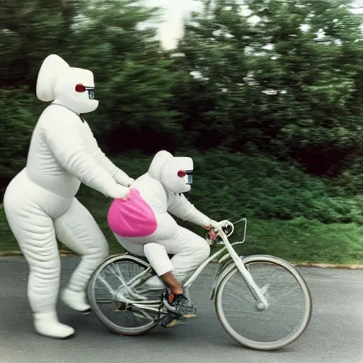 Image similar to a martin parr photo of a grandpa couple, wearing michelin man white body costumes, going super fast on a pink pig, 1 9 7 0 s kodachrome colour photo, flash on camera,