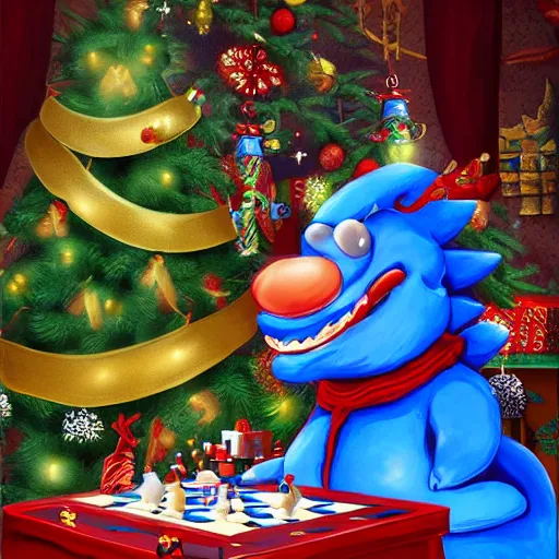 Image similar to blue santa playing checkers against a christmas themed dragon, digital art, highly detailed,