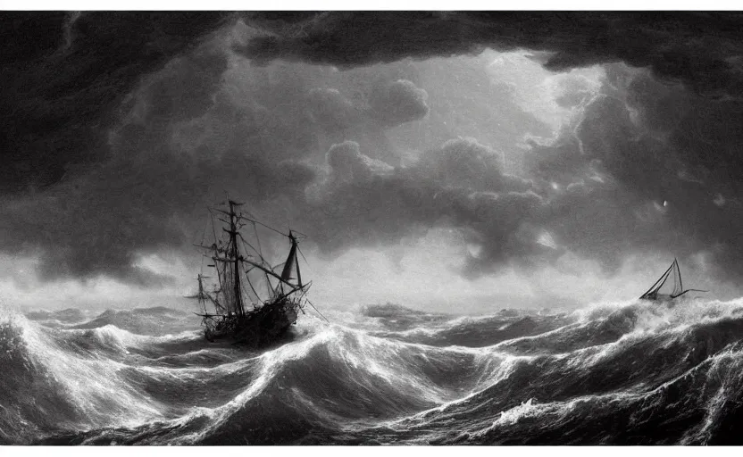 Prompt: middle of the ocean, large waves, large 1800s boat sinking, no land, dark skies, close up shot, at dusk, 4k, rule of thirds, extreme detail, hazy, intricate ink illustration, surreal, surrealist, trending on artstation, cgsociety, hd, complimentary colours, realistic lighting, by Albert Bierstadt, Frederic Edwin Church.