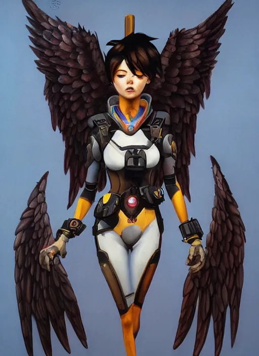 Image similar to full body artwork of tracer overwatch wearing leather collar in style of zdzisław beksinski, angel wings, dramatic painting, symmetrical composition, wearing detailed leather collar, black shiny armor, chains, black harness, detailed face and eyes,