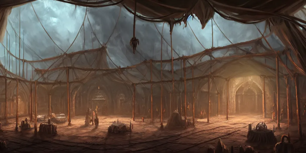 Image similar to inside of a merchant tent, matte oil painting, rusted cathedrals in the background, retrofuturistic, concept art, science fantasy, mutant, lgbt, queer, rpg, epic, rust, white salt, badlands, slime, jungles, dungeons & dragons, sacred, sharp focus, award - winning, extremely detailed, 4 k, 8 k