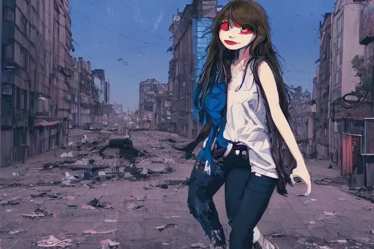 Image similar to urban school zombie girl in tattered clothes with a city street of Buenos aires in the background, dark blue long hair, muted colors, matte print, pastel colors, ornate, digital art, cute smile, digital painting, fan art, elegant, pixiv, by Ilya Kuvshinov, by Studio Ghibli