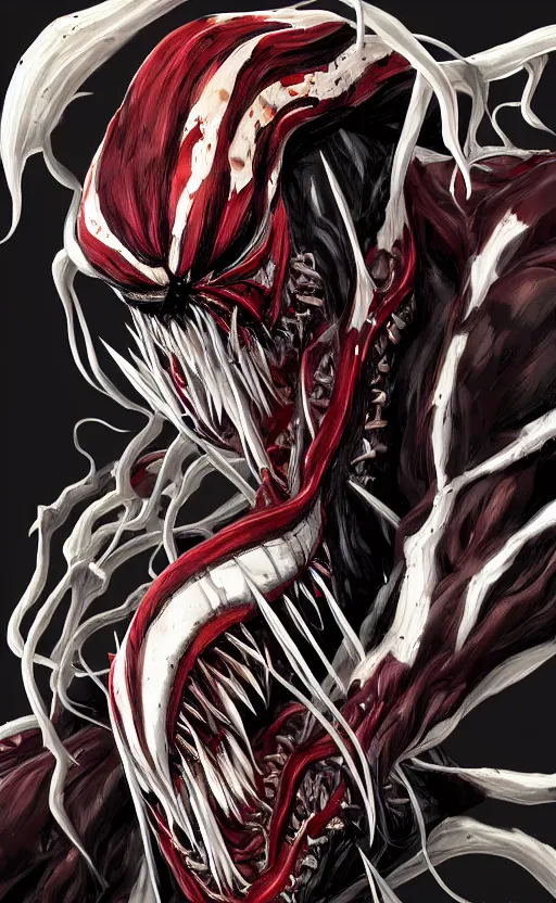 Image similar to ''venom combined with chainsaw man, venomized, creepy art, hyperrealistic art, digital art, cinematographic, concept art, artstation, 8 k''