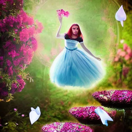 Prompt: A Alice in the wonderland like scene where a girl is floating in mid-air and flowers and other things are floating around her, in a dreamy soft focus, fantasy, award winning, by Ekaterina Savic