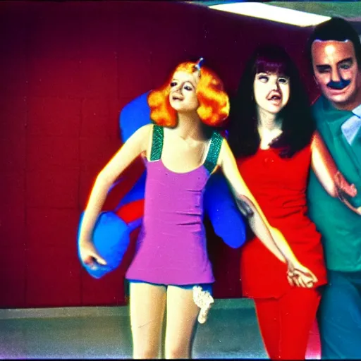 Image similar to teenage girl holds hands with inflatable toy boyfriend at high school, 1978 color Fellini film, in school hallway, 1970s interiors, archival footage, technicolor film, 16mm, live action, John Waters, campy and colorful