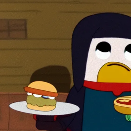 Image similar to Finn from adventure time eating a hamburger