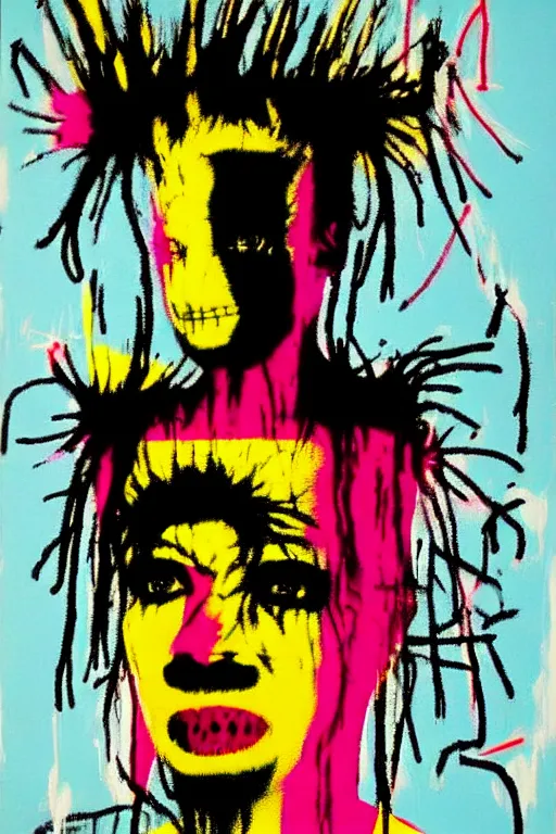 Prompt: an insane female with a weirdcore outfit, painting by jean michel basquiat, andy warhol,