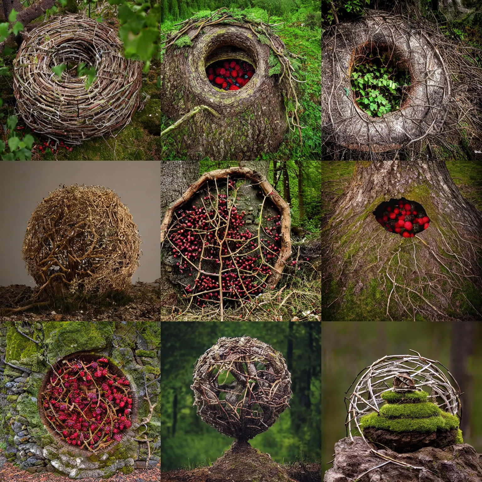 Prompt: an environment art sculpture by Nils-Udo, leaves twigs wood, nature, natural, round form, berries inside structure
