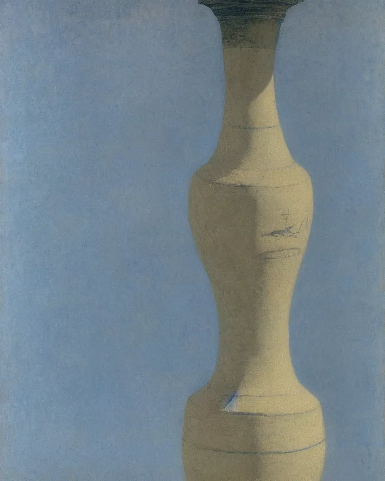 Image similar to achingly beautiful print of solitary painted ancient greek amphora on baby blue background by rene magritte, monet, and turner.