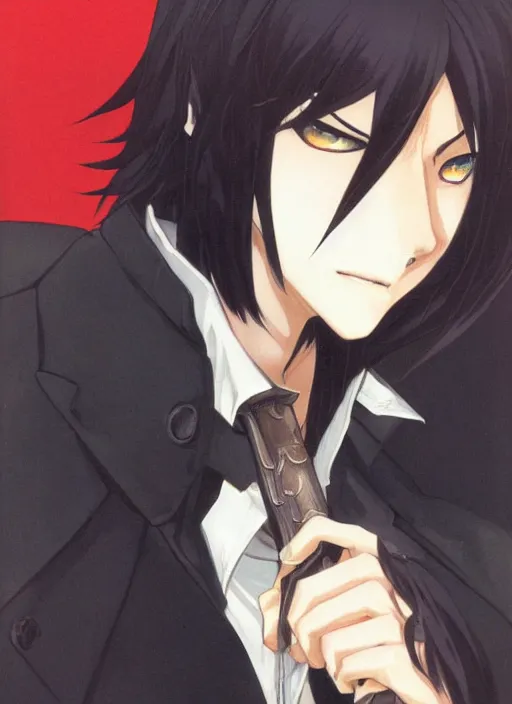 Prompt: portrait by shigenori soejima, handsome male vampire, focus on face, holding a sword, long black hair, dark blue shirt, light brown coat, red - eyes,