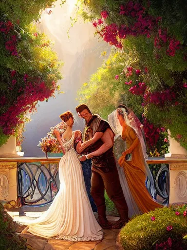 Prompt: a couple greek mariage under the grapevine. celebration freedom excitement intricate, elegant, highly detailed, digital painting, artstation, concept art, sharp focus, illustration, by justin gerard and artgerm, 8 k