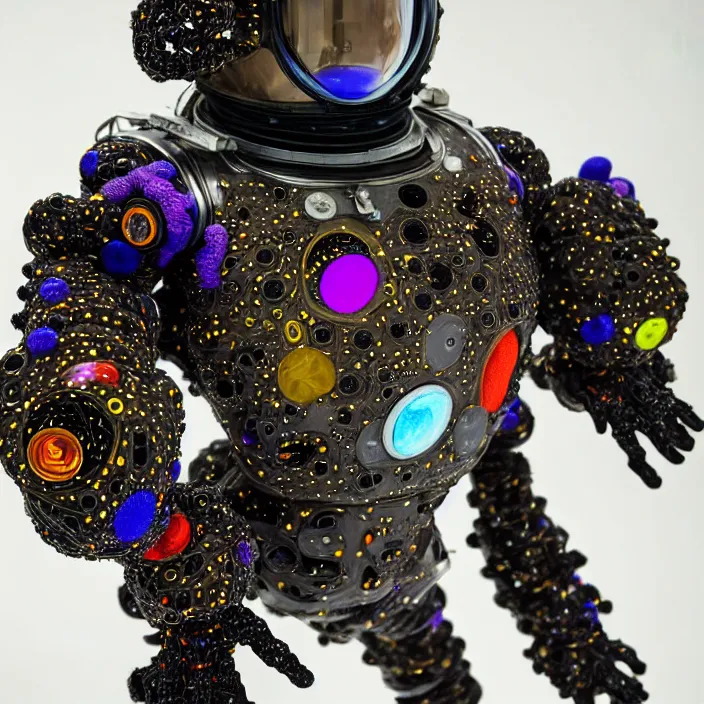 Image similar to a cybernetic symbiosis of a single astronaut mech-organic eva suit made of pearlescent wearing anodized thread knitted shiny ceramic multi colored yarn thread infected with kevlar,ferrofluid drips,carbon fiber,ceramic cracks,gaseous blob materials and diamond 3d fractal lace iridescent bubble 3d skin dotted covered with orb stalks of insectoid compound eye camera lenses orbs floats through the living room, film still from the movie directed by Denis Villeneuve with art direction by Salvador Dalí, wide lens,