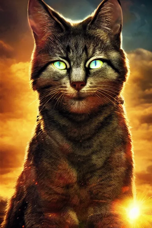 Image similar to a movie poster for warrior cats, depth of field, sun flare, hyper realistic, very detailed, backlighting, cgi, by wayne mclouglin