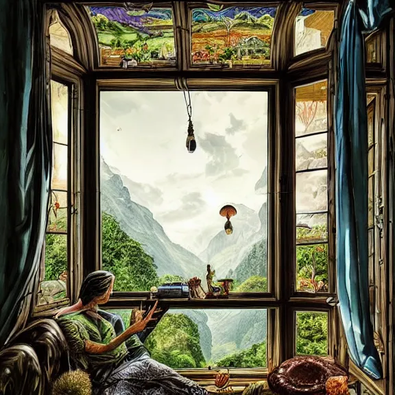 Prompt: fantastical living room with switzerland landscape in the window, beautiful dramatic lighting, overgrown with funghi, style by peter deligdisch, peterdraws