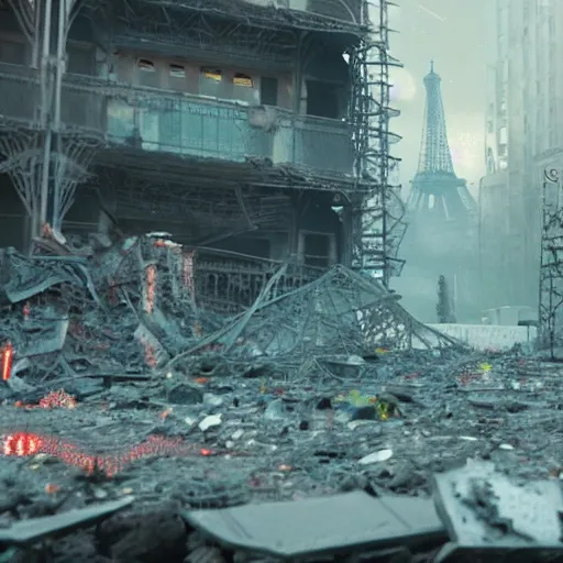 Image similar to A beautiful intricate 8K award-winning ground-level cinematic movie photograph of the future rusting rubble of the fallen and decimated Eiffel Tower, lying in pieces on the ground, surrounded by neon and collapsing corporate video billboard displays. in the year 2050, by Bruno Delbonnel and greg rutkowski. octane render, Arri Alexa 65. Cinematic lighting