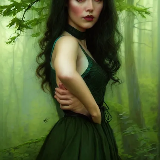 Image similar to gorgeous female Jade Tailor, realistic character concept, black hair, green dress, forest, trees, medium shot, shorter neck, illustration, symmetrical face and body, cinematic lighting, symmetrical eyes, artgerm, Tom Bagshaw, Norman Rockwell, single face, insanely detailed and intricate, beautiful