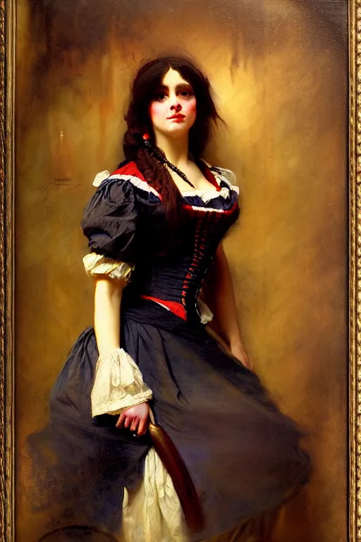 Image similar to soft colorsphotograph imax and solomon joseph solomon and richard schmid and jeremy lipking victorian loose genre loose painting full length portrait painting of pretty barmaid pirate wench disney