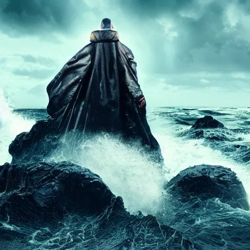Prompt: photograph with stylish lens effect, stylistic lighting, 1 9 8 0's sci - fi style, extremely epic, hyppereality, weta digital, octane render, a giant towering man in black evil pope robes floating above crashing dramatic ocean waves with sea foam and sea spray along a rocky coast, cinema 4 d, volumetric lighting