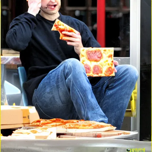 Image similar to tobey maguire eating all of the pizza, gross, disgusting, messy, annoyed, greasy, wet