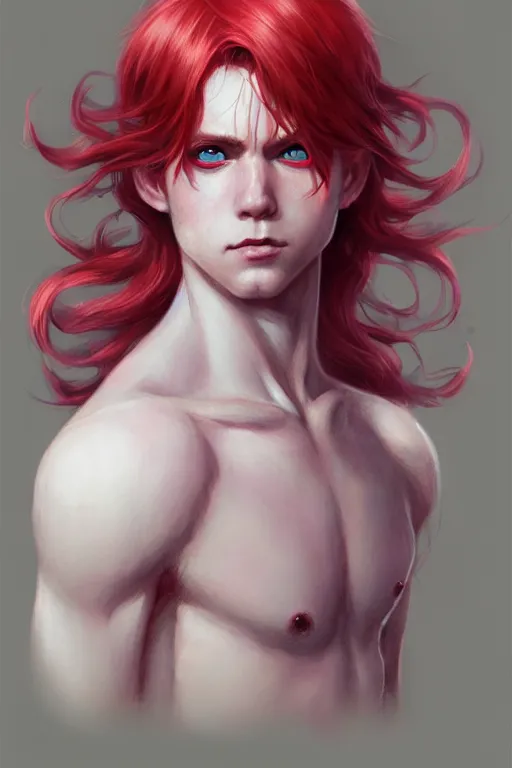 Image similar to young fairy prince, red hair, white eyes, highly detailed, d & d, fantasy, highly detailed, digital painting, trending on artstation, concept art, sharp focus, illustration, art by artgerm and greg rutkowski and fuji choko and viktoria gavrilenko and hoang lap