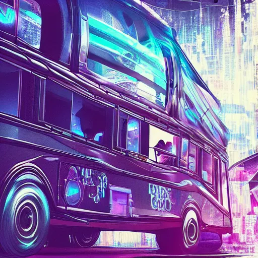 Prompt: an interdimensional travelling bus, cyberpunk aesthetic, abstract, highly - detailed