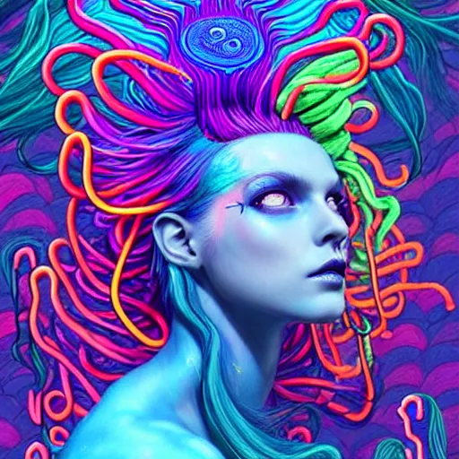 Image similar to A sea goddess with neon tentacles hair having an extremely colorful psychedelic experience, warping time and space, magic mushrooms, psilocybin, LSD, face, detailed, intricate, elegant, highly detailed, digital painting, artstation, concept art, smooth, sharp focus, illustration, art by Krenz Cushart and Artem Demura and alphonse mucha, Octane render, unreal engine, 8K