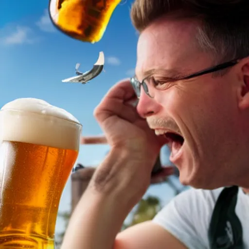 Prompt: A realistic photo of a happy man drinking a beer on the top of a flying whale