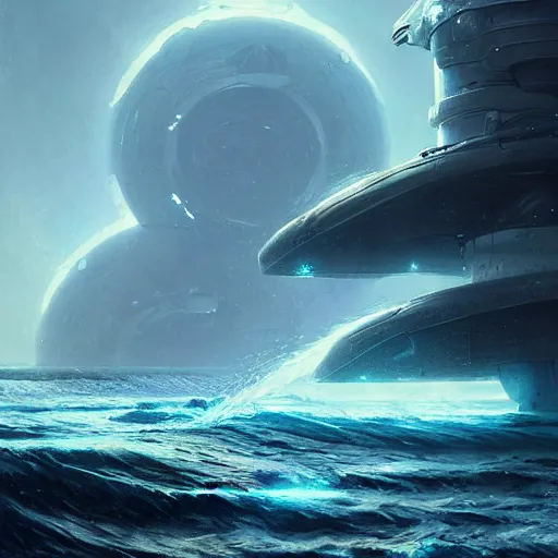 Image similar to An alien spaceship draining water from the ocean, by greg rutkowski