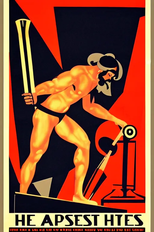 Image similar to art deco poster. hephaestus at the forge