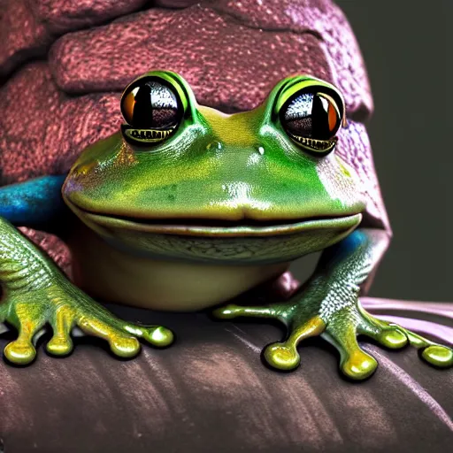 Image similar to an anthropomorphic frog living in an extradimensional reality where it is a god, in the style of wlop, illustration, epic, fantasy, hyper detailed, smooth, unreal engine, sharp focus, ray tracing, physically based rendering, renderman, beautiful