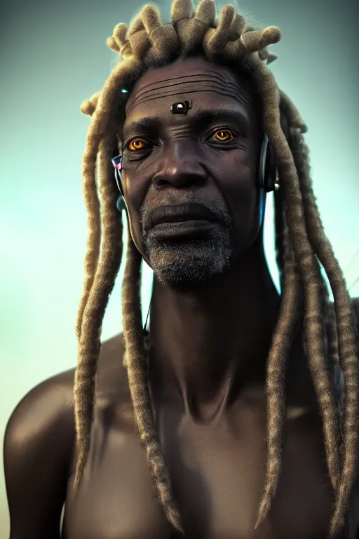 Image similar to a very detailed portrait of a old cyberpunk African man with dreadlocks, biotech, machine, photorealistic, highly detailed rendering with a cyberpunk style_ robotic arms MetaHuman, unreal engine, defined cheekbones, one blind eye, dramatic cinematic lighting