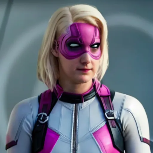 Image similar to A still of Shailene Woodley as Gwenpool in Deadpool 3 (2023), blonde hair with pink highlights, no mask