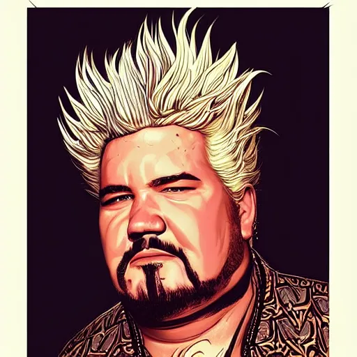 Image similar to head and shoulders portrait of Guy Fieri illustration, medium shot, intricate, elegant, highly detailed, digital art, ffffound, art by JC Leyendecker and sachin teng