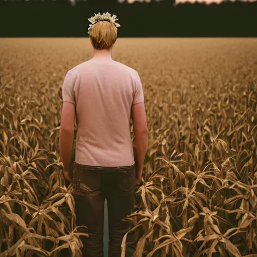 Image similar to kodak portra 8 0 0 photograph of a skinny blonde guy standing in a cornfield, flower crown, back view, grain, moody lighting, telephoto, 9 0 s vibe, blurry background, vaporwave colors!, faded!,