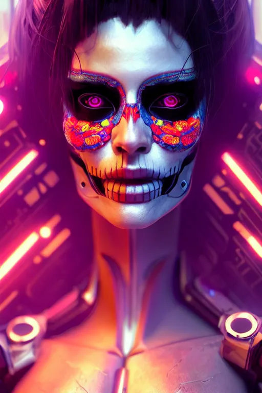 Prompt: beautiful android woman, photorealistic cinematic, 3 d model, cyborg, postcyberpunk, blade runner, octane render, triadic color scheme, concept art, vogue, 8 k, intricate detailed environment el dia los muertos. by terry oneill and artgerm and kuciara and mucha