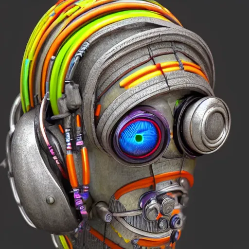 Prompt: a claymodel of a dieselpunk rococo spaced out robot head wearing multicolored wires and headphone, 8 k, front view, symetrical, flourescent colors, halluzinogenic, multicolored, exaggerated detailed, front shot, 3 d render, octane