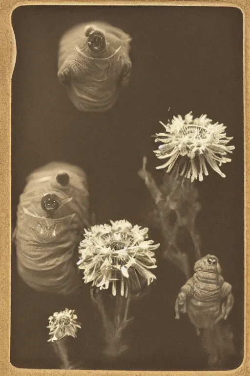 Prompt: tardigrade!!! daguerreotype portrait photograph. lots of flowers around the tardigrade. ansel adams. highly detailed. old timey.