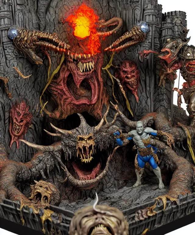 Image similar to a hyperrealistic rendering of an epic boss fight against an ornate supreme dark overlord by art of skinner and richard corben, product photography, mountain nightmare castle playset, collectible action figure, sofubi