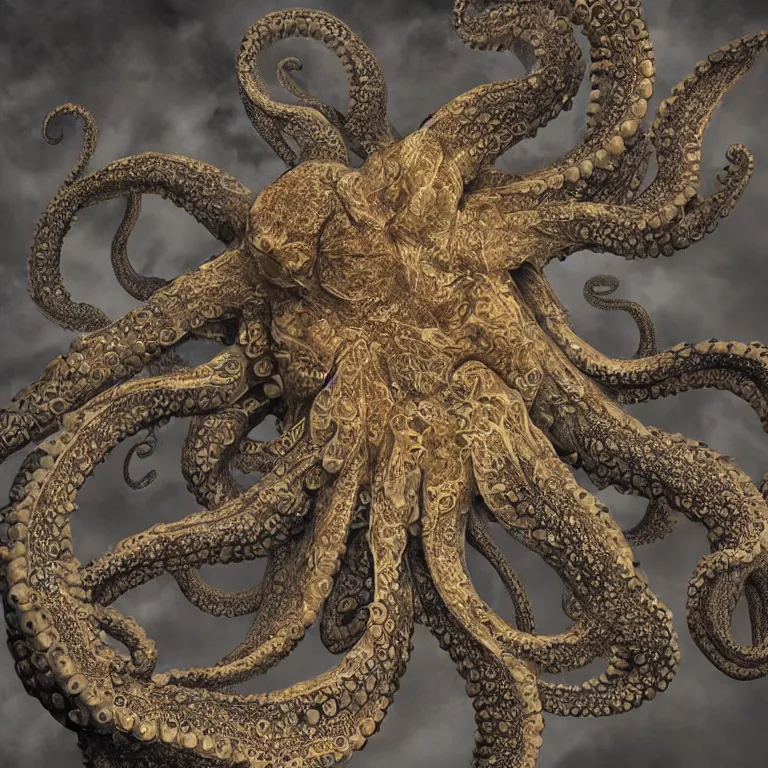 Image similar to a dramatic and beautiful digital matte painting of large realistic octopus with legs made of fractal celtic knots, trending on cgartist, hi-fructose, mandala, ultra detailed 8k