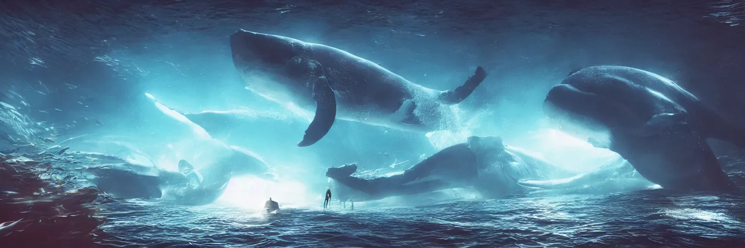 Prompt: under the ocean, fish with a glowing shadow of a giant whale, hyper realistic, epic lighting, cyberpunk, wide angle lens
