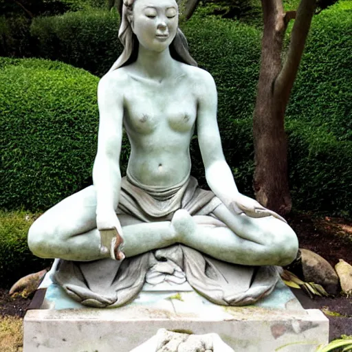 Image similar to marble statue of naomi campbell meditating in a rococo japanese garden