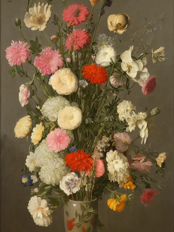 Image similar to Vase of Flowers 1722 Jan van Huysum ,getty museum jan van huysum flowers but made of little robotic structures