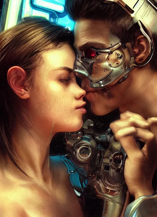 Image similar to ultra realistic extreme close - up of a couple of cyborgs kissing, lovers, cyberpunk, sci - fi, fantasy, kodak, photorealistic illustration, colour led, soft light, volumetric lighting, night, intricate, highly detailed, digital painting, concept art, smooth, sharp focus, illustration, art by artgerm and greg rutkowski and alphonse mucha