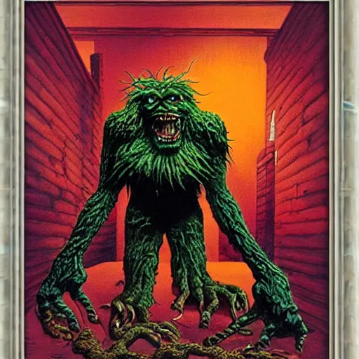 Image similar to a monster reaching through a framed painting, by richard corben. pulp horror