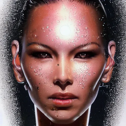 Image similar to cyborg sweating water, big drops of sweat, forehead only, by Hajime Sorayama, airbrush art, beautiful face, highly realistic, star flares, trending on artstation, beautiful lighting, sharp, details, hyper-detailed, HD, HDR, 4K, 8K