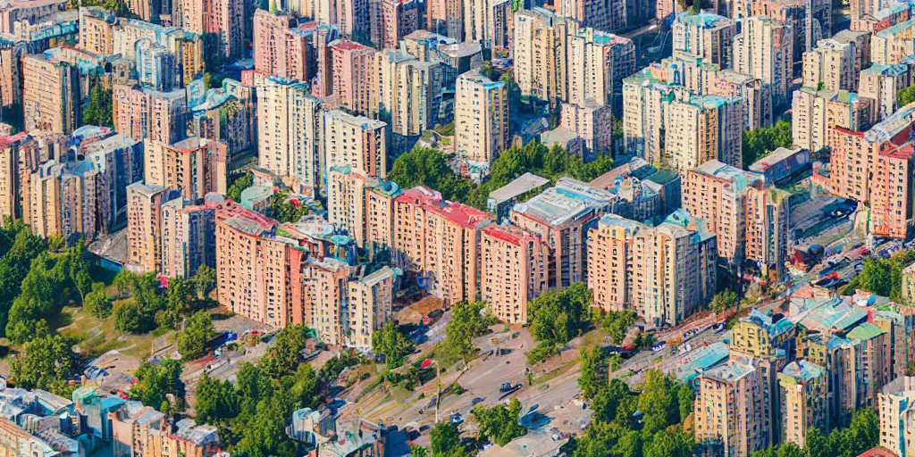 Image similar to bird's eye view photograph of a low income highrise geometric Russian city, apartments, train station, avenues. Square with a statue of leader