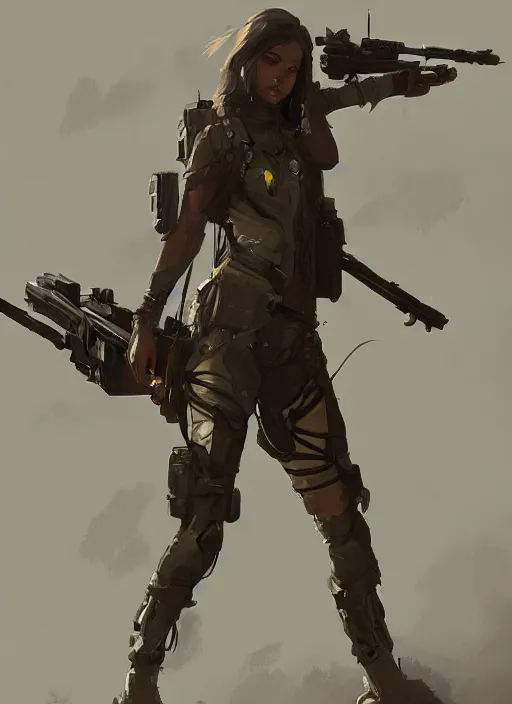 Image similar to of a beautiful sniper girl in war, with futuristic gear, in the style of greg rutkowski, artstation, high quality art