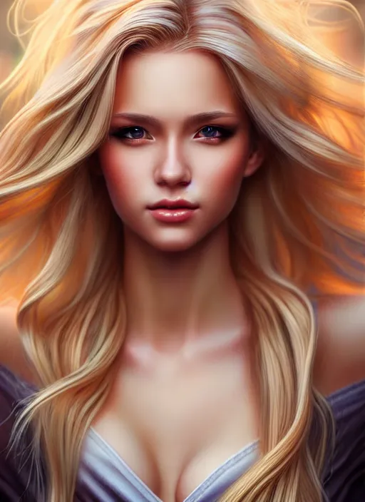 Image similar to picture of a gorgeous female with long blonde hair in the style of stefan kostic, realistic, full body shot, wide angle, sharp focus, 8 k high definition, insanely detailed, intricate, elegant, art by stanley lau and artgerm, floating embers